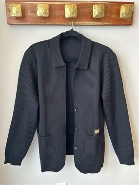 Textured Knit Button Front Cardigan Jacket Black Collared - Men’s